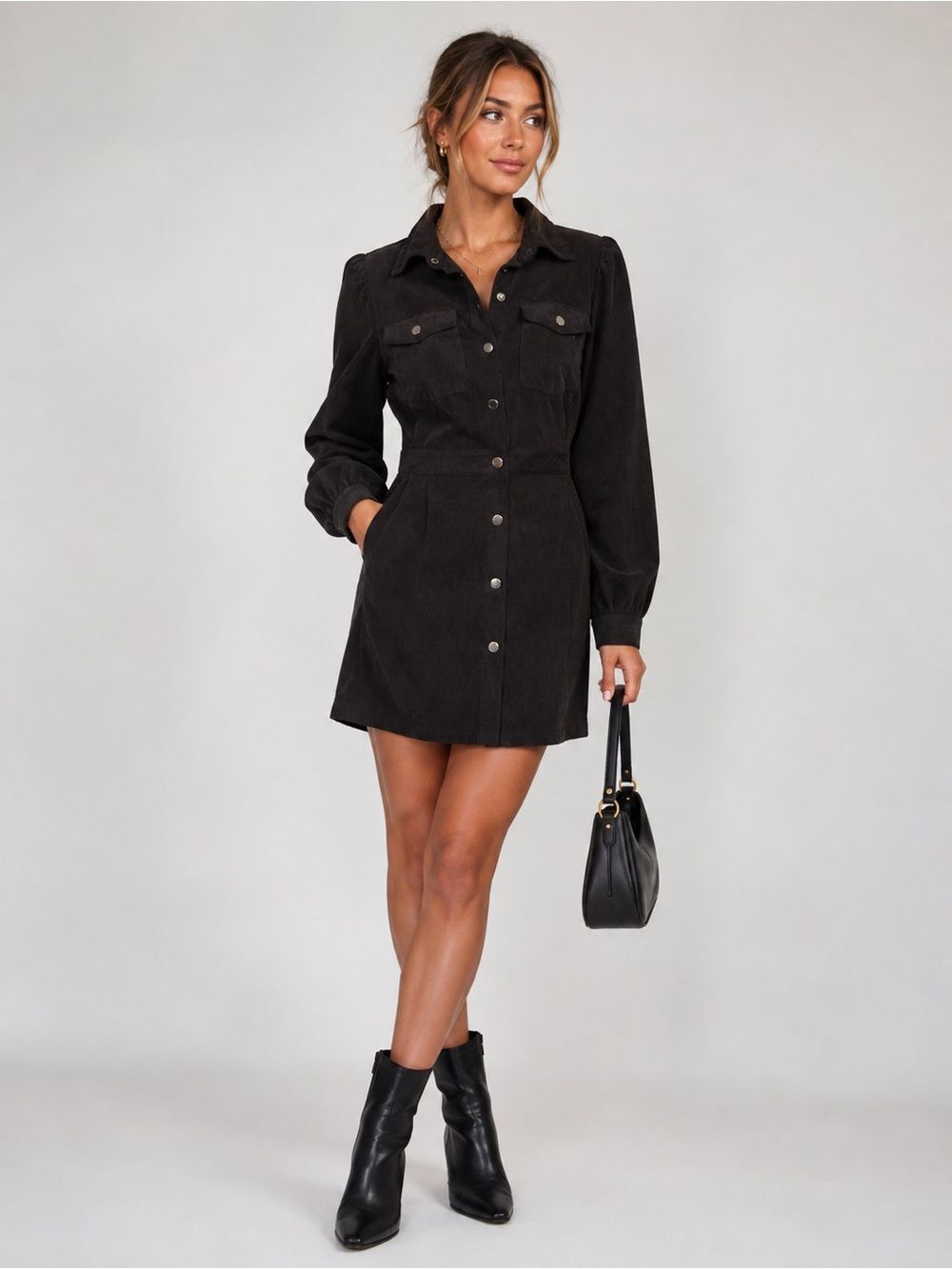 Jacquie the Label Watson charcoal puff sleeve Corduroy Mini Shirt Dress – Size L